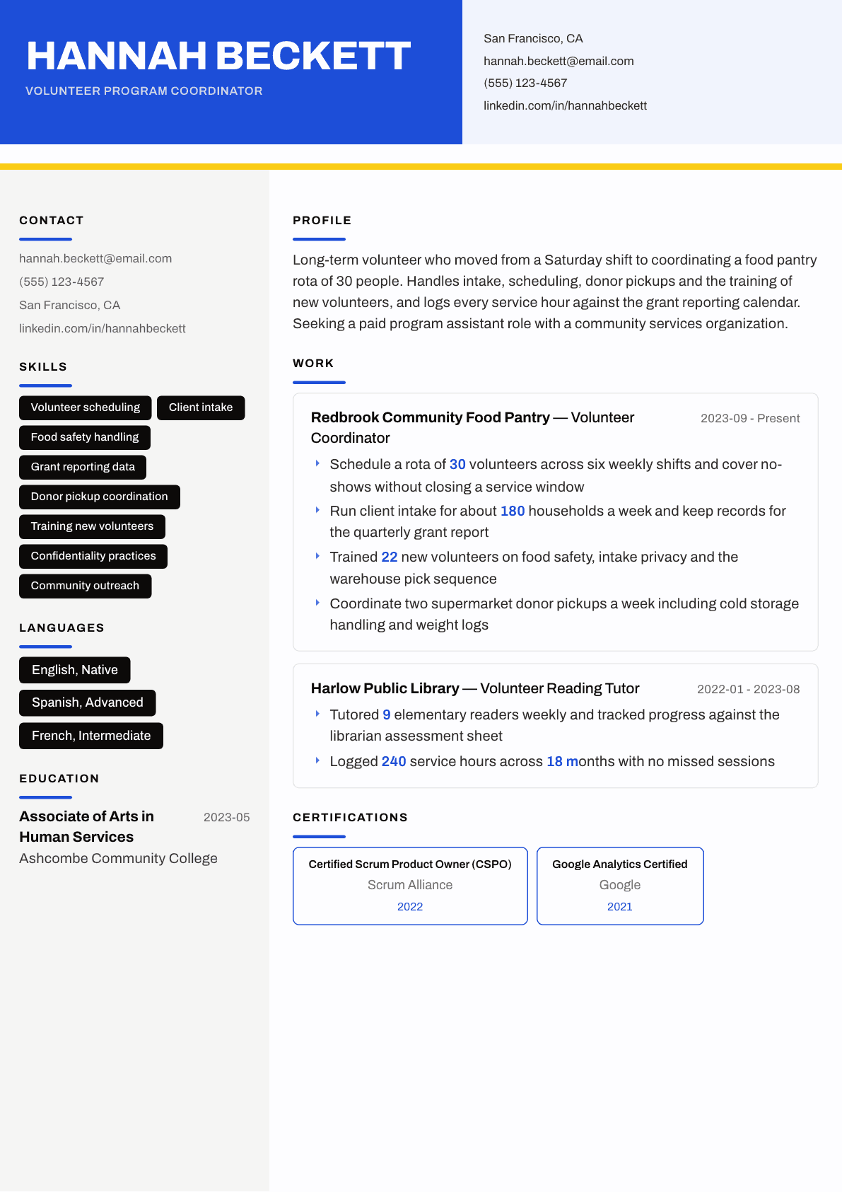 Volunteer resume example, Kontrast template