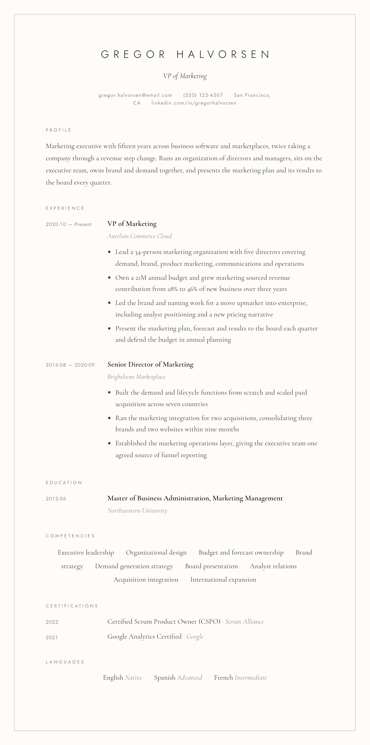 VP of Marketing resume example, Vellum template