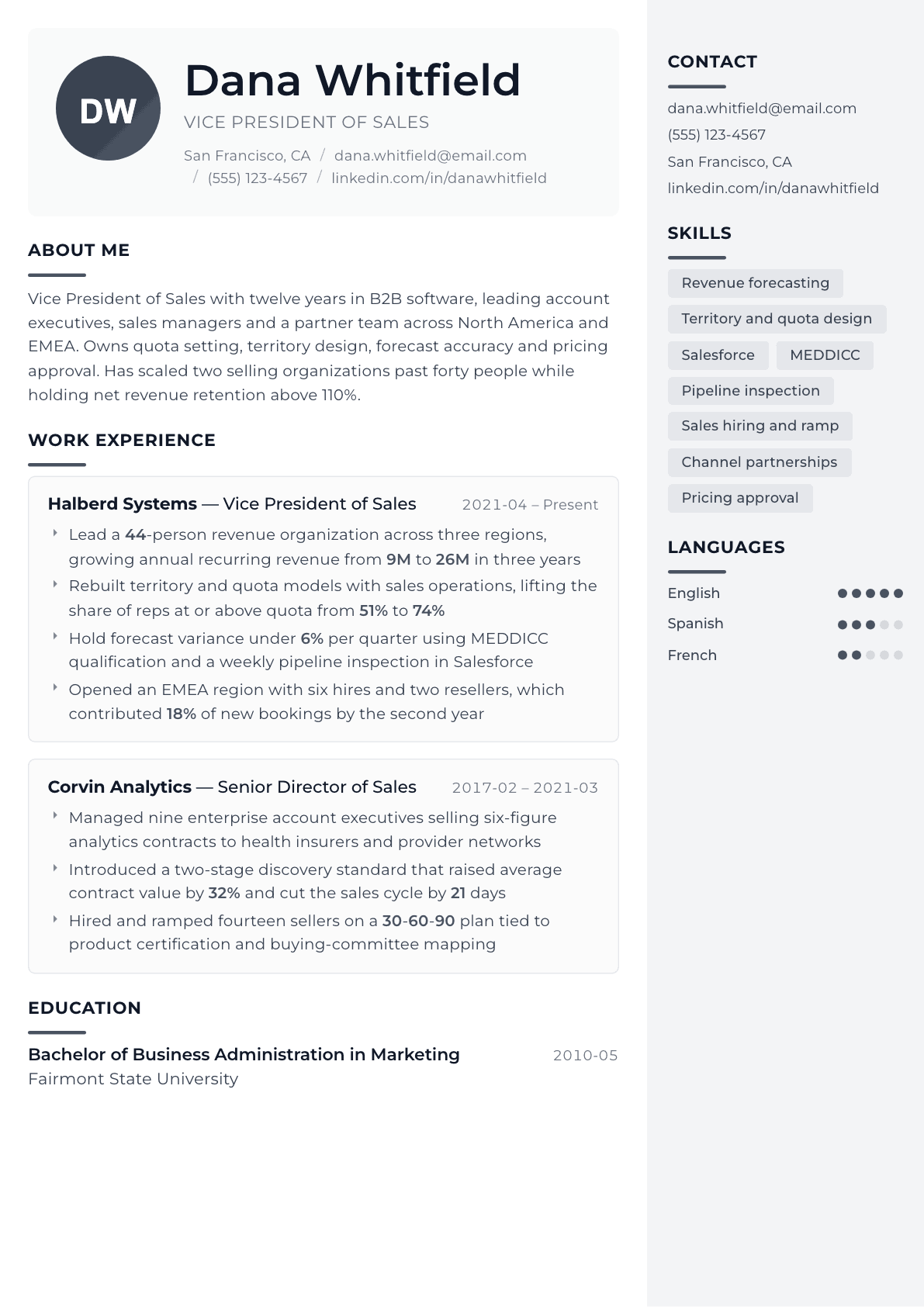 VP of Sales resume example, Metropolitan template