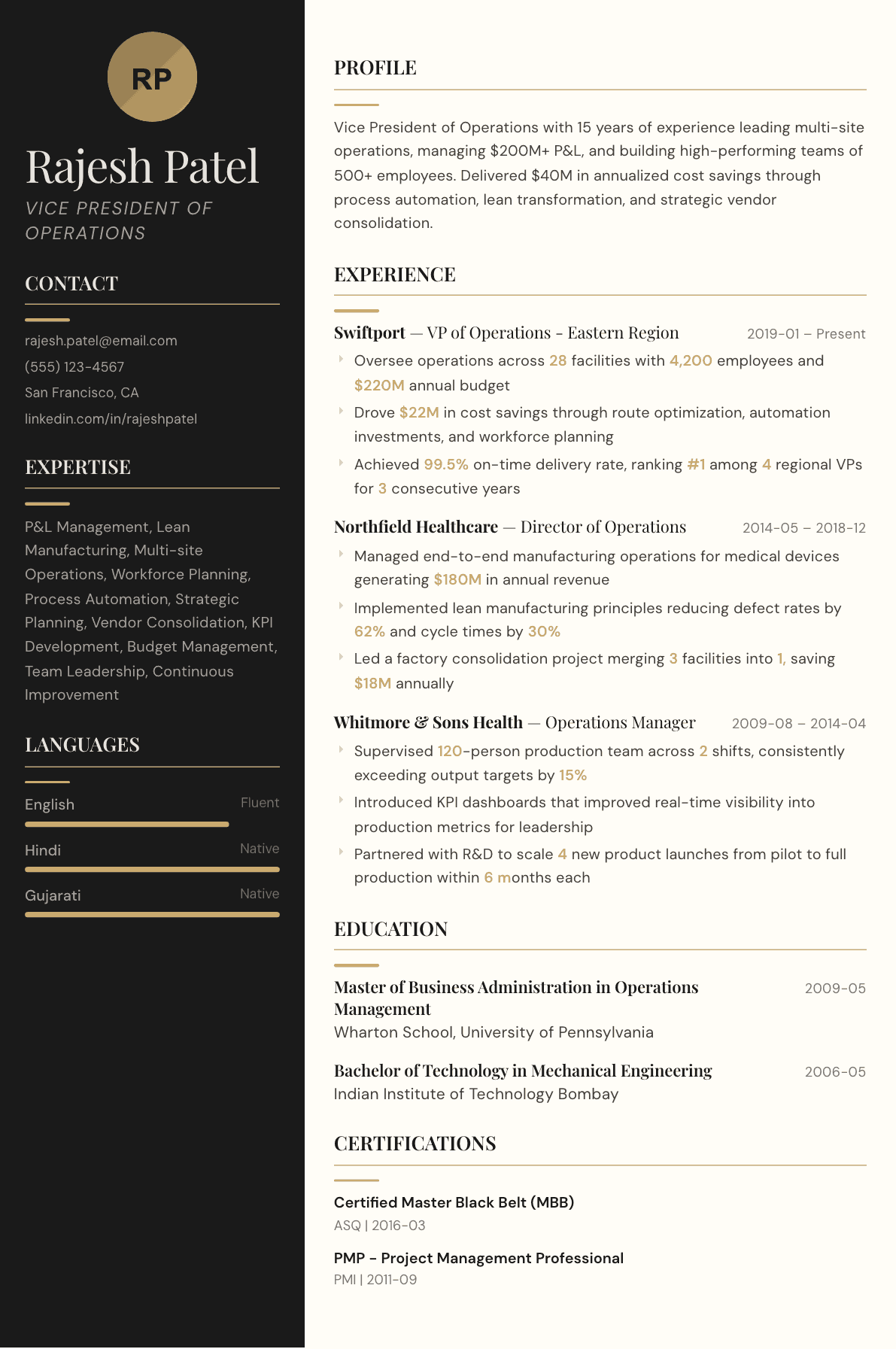 VP Operations resume example, Obsidian template
