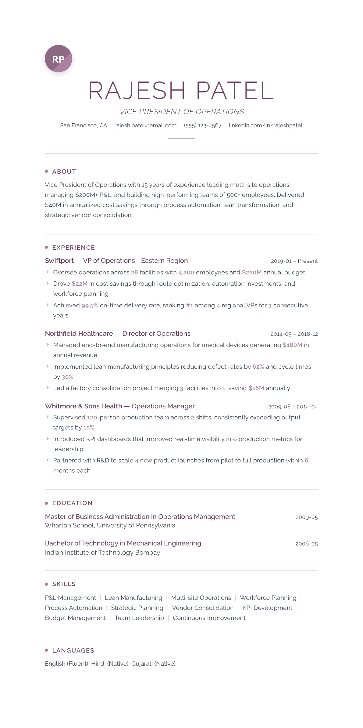 VP Operations resume example, Serenity template