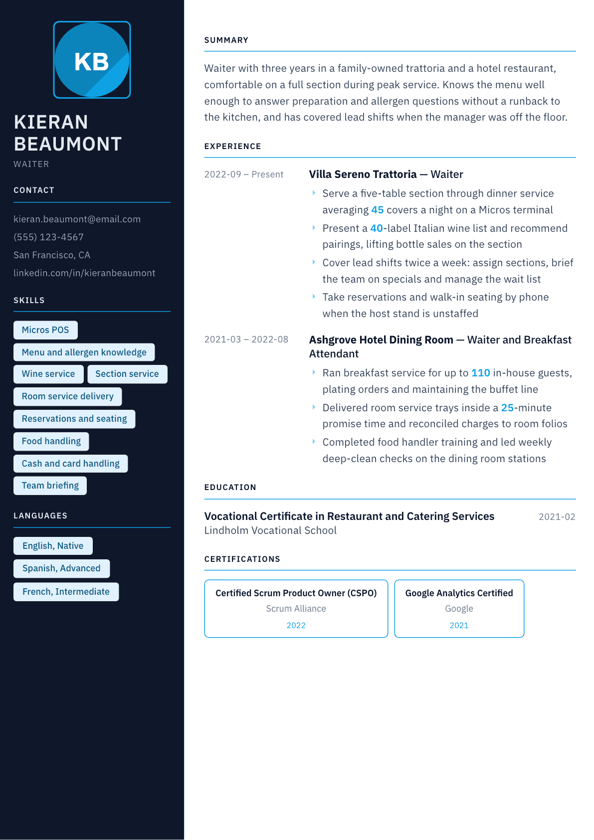 Waiter resume example, Everest template