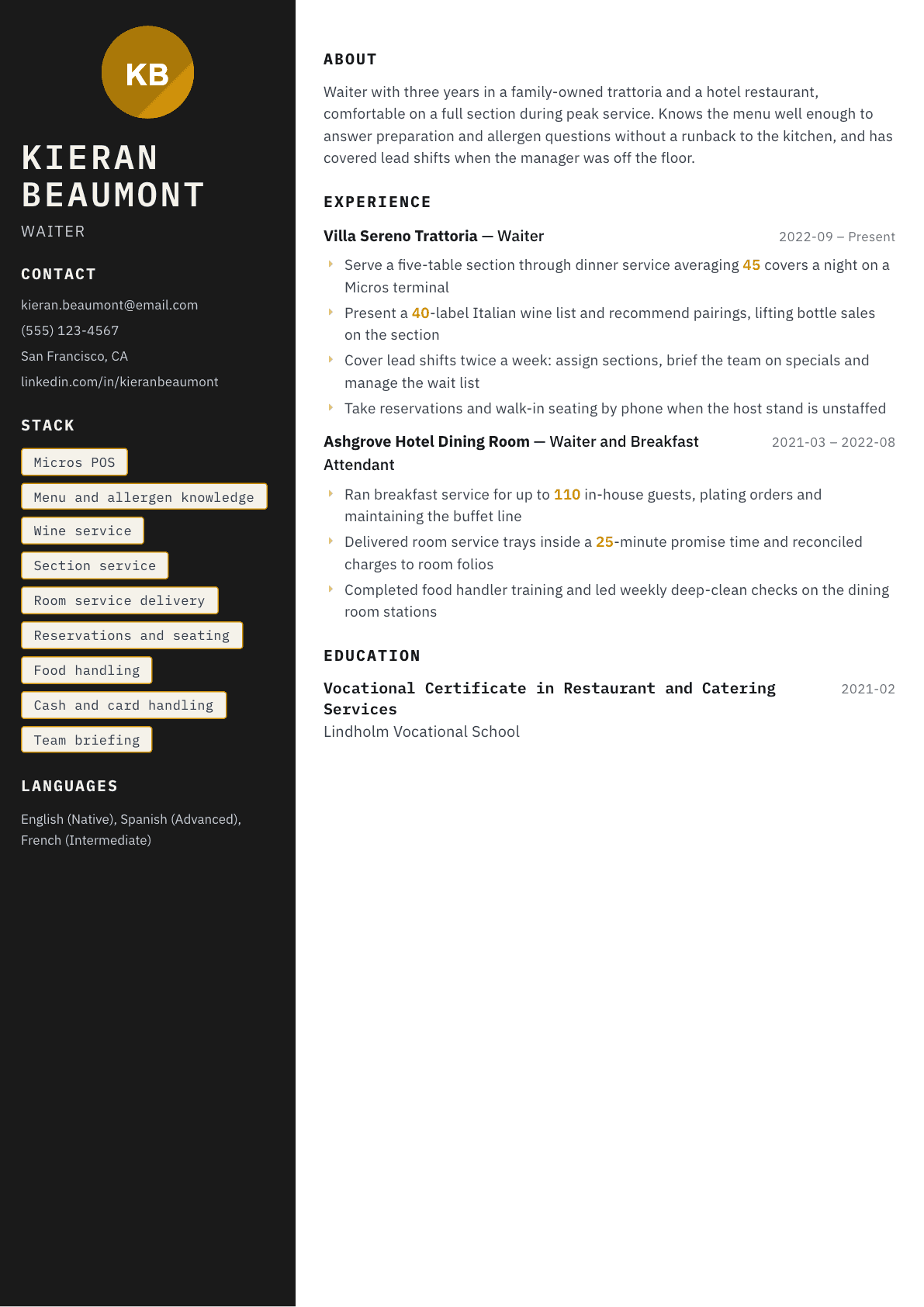Waiter resume example, Neon template