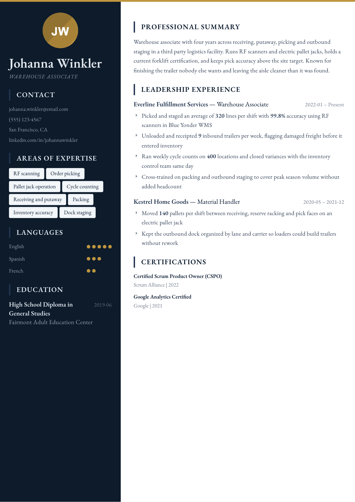 Warehouse Associate resume example, Presidio template