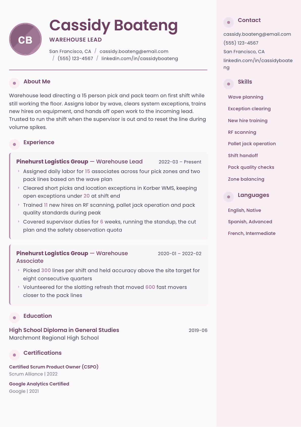Warehouse Lead resume example, Bloom template