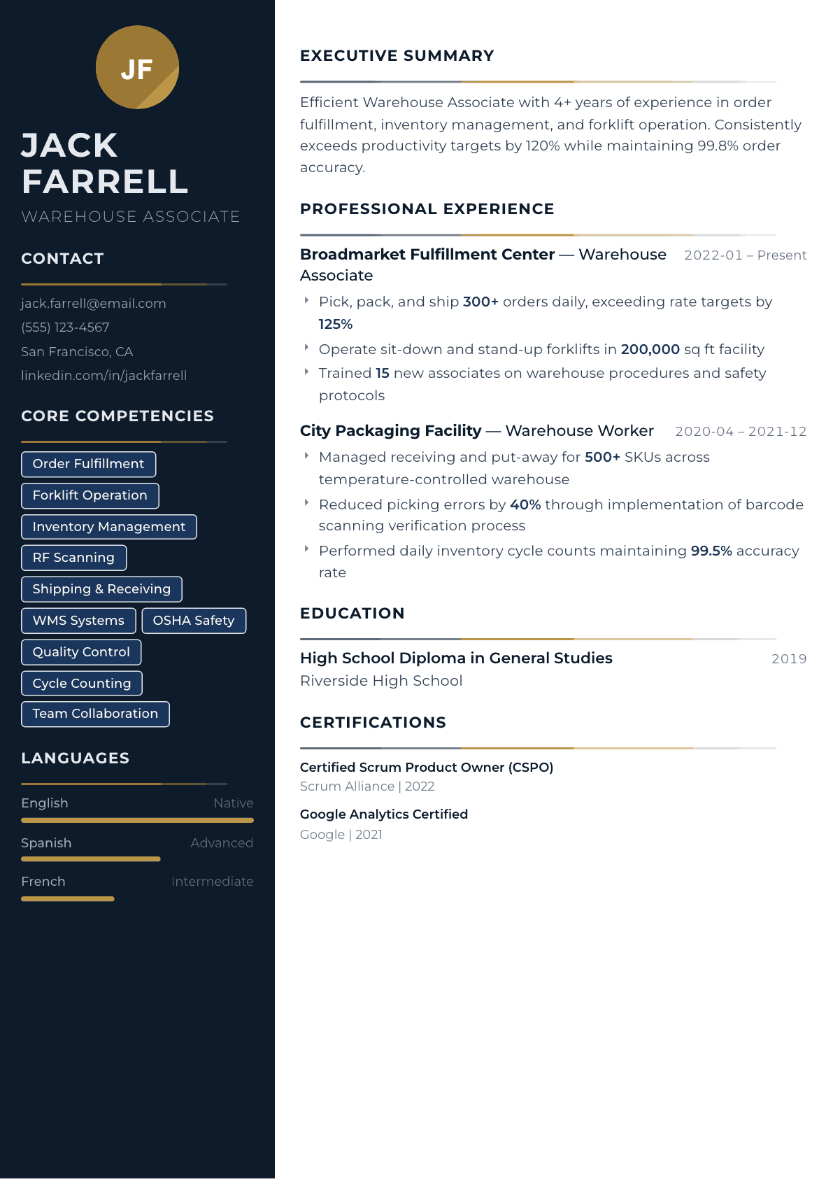Warehouse Worker resume example, Catalyst template