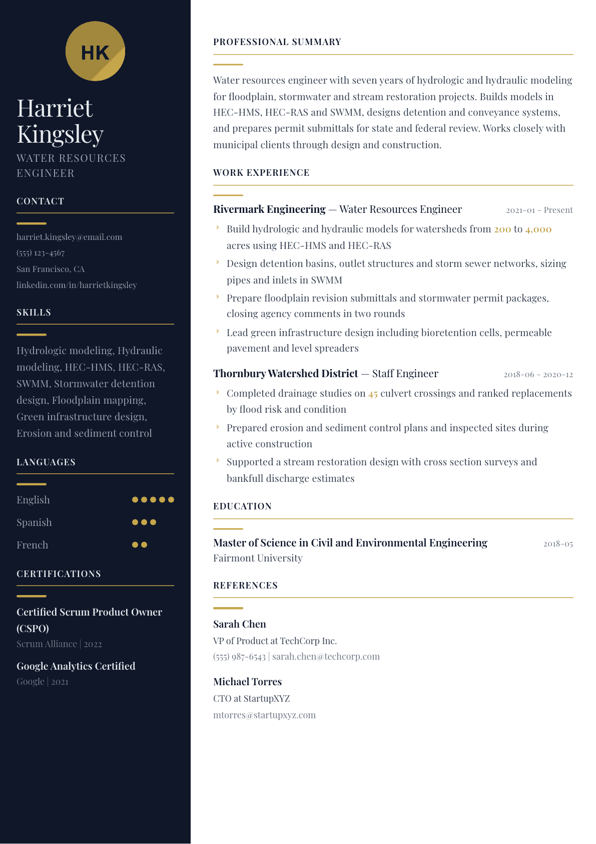 Water Resources Engineer resume example, Zurich template
