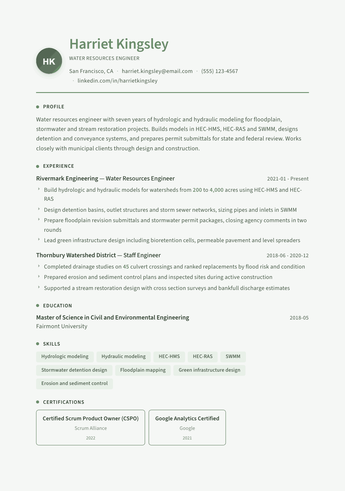 Water Resources Engineer resume example, Sage Garden template