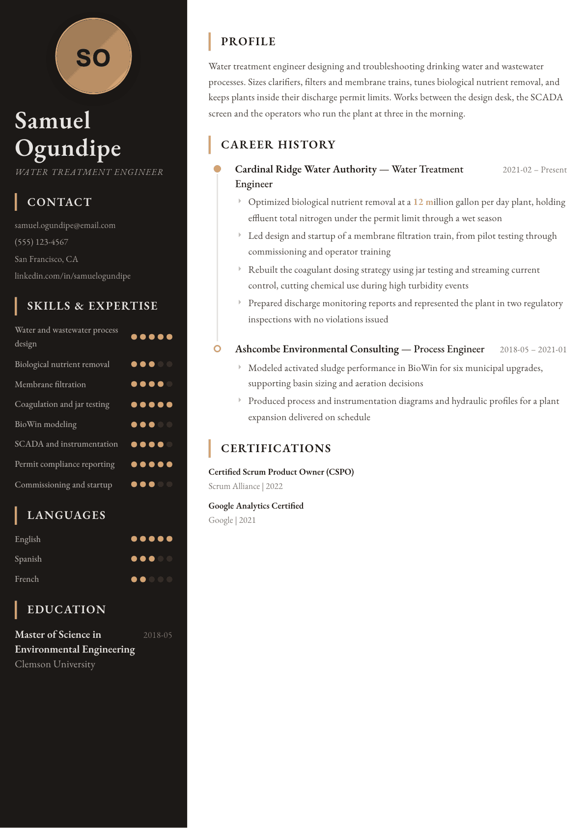 Water Treatment Engineer resume example, Heritage template