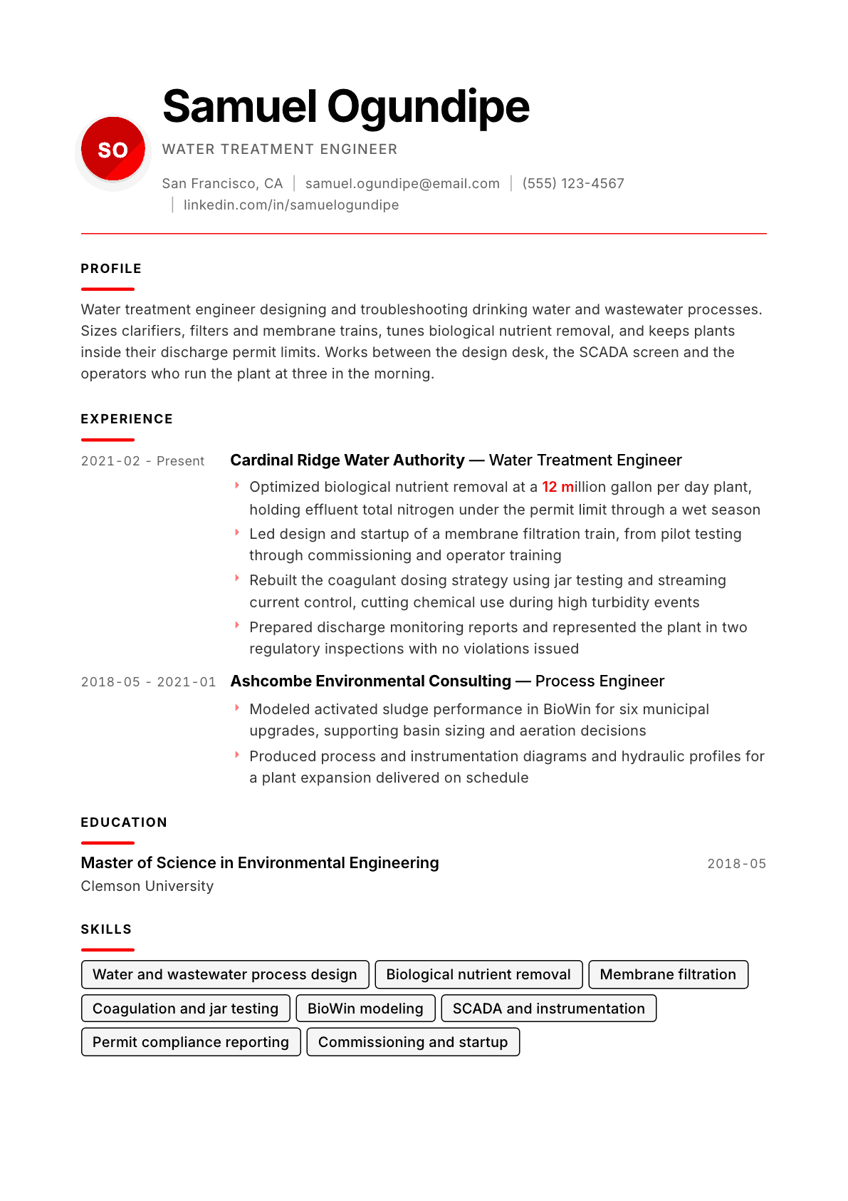 Water Treatment Engineer resume example, Swiss Modernist template