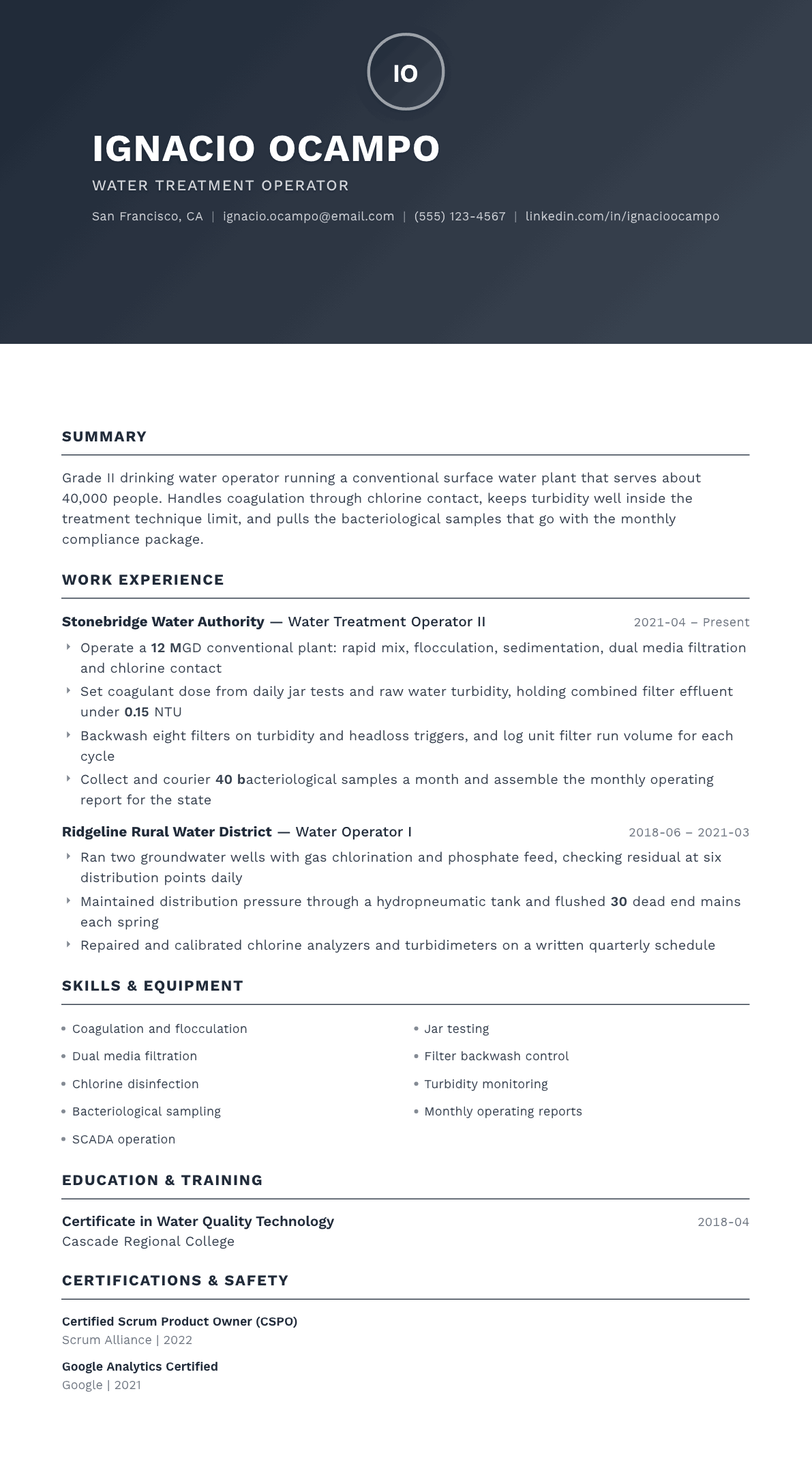 Water Treatment Operator resume example, Foundation template