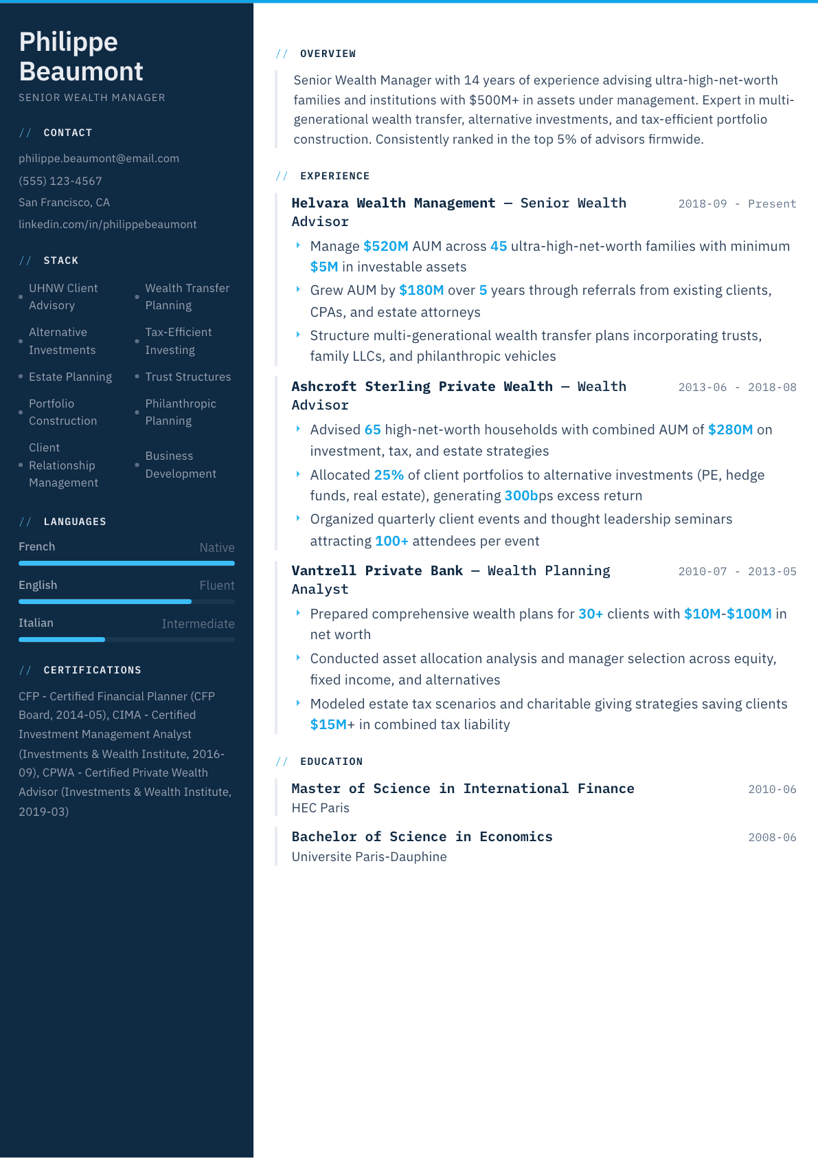 Wealth Manager resume example, Datum template