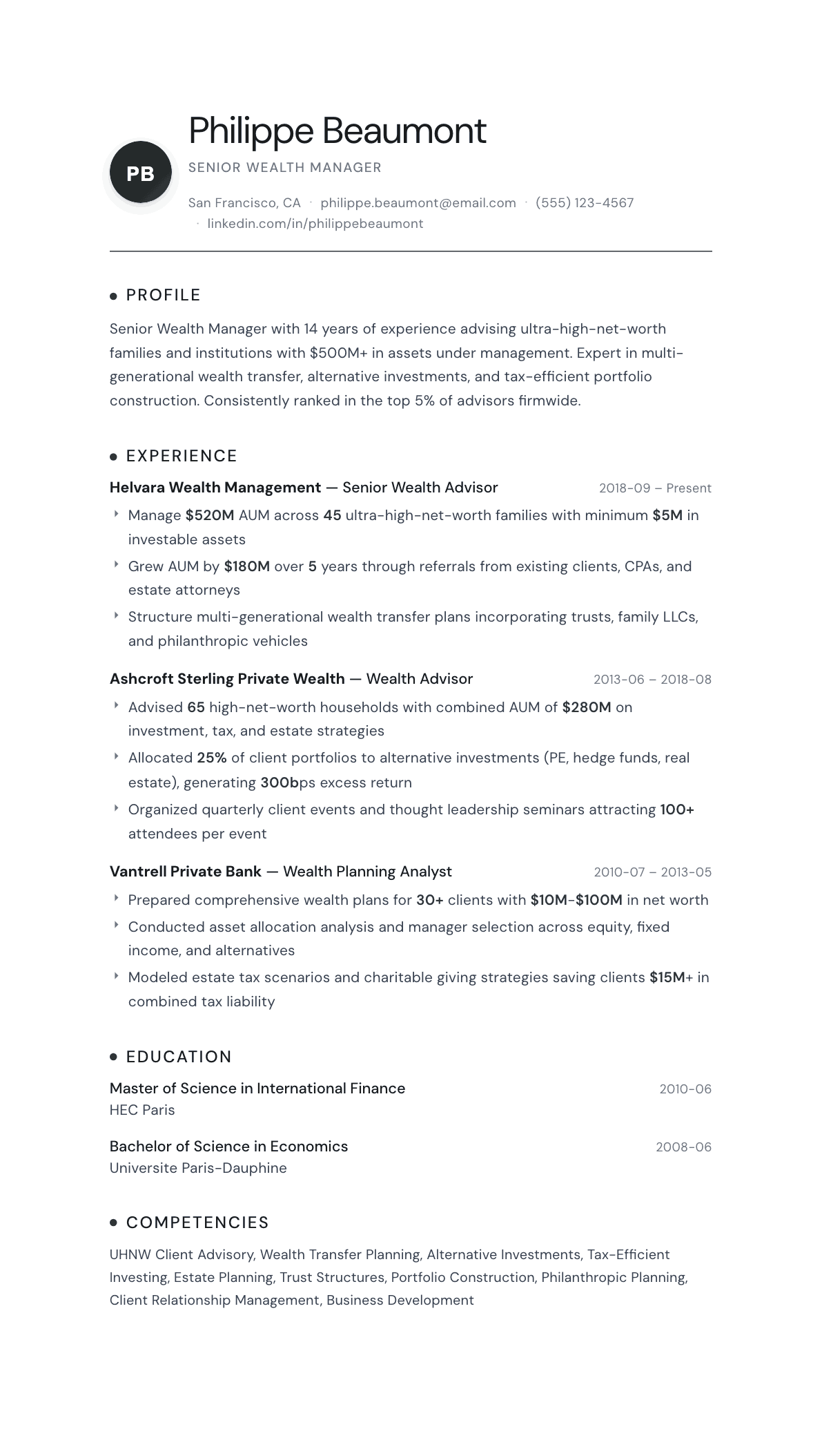 Wealth Manager resume example, Pinnacle template