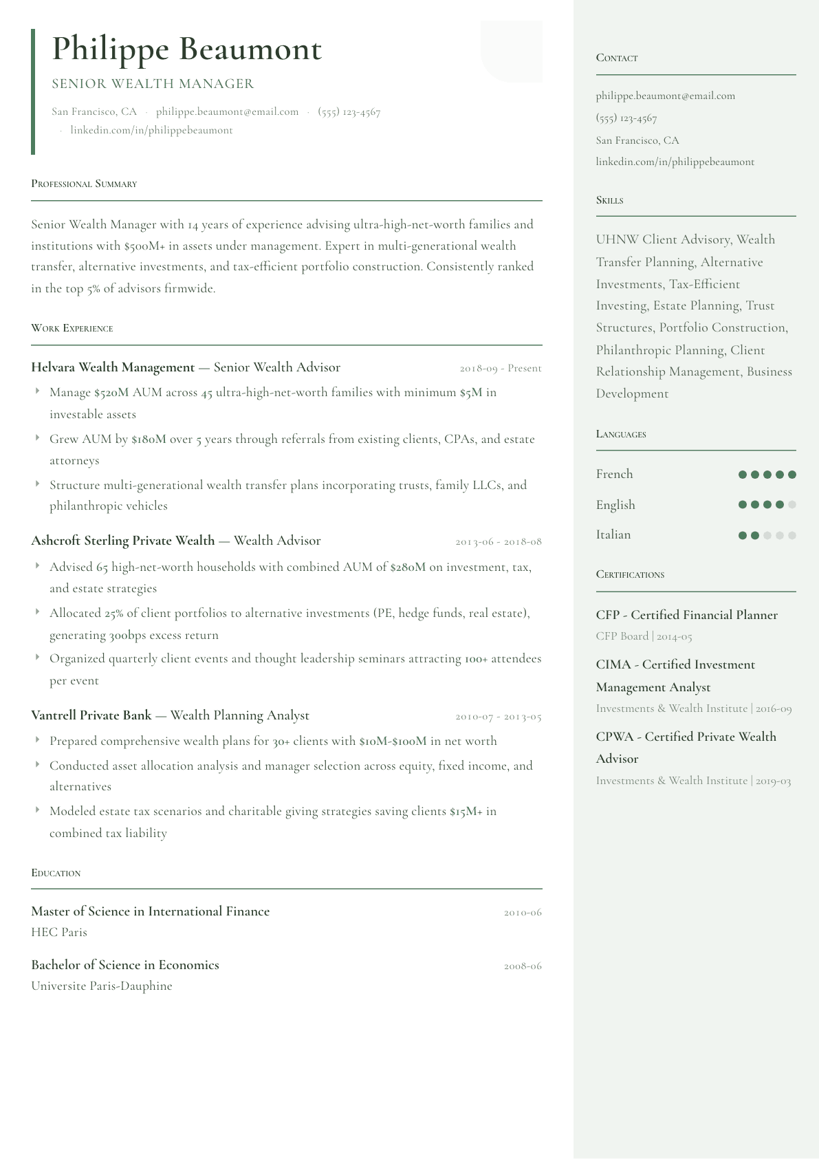 Wealth Manager resume example, Copenhagen template