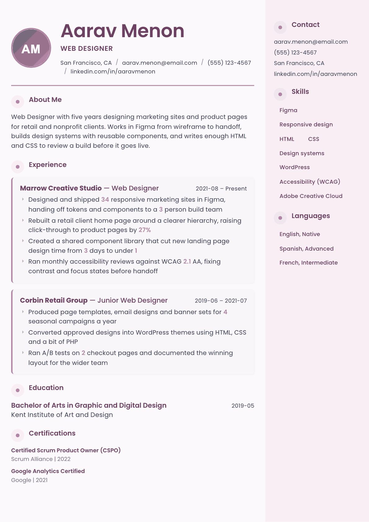 Web Designer resume example, Bloom template