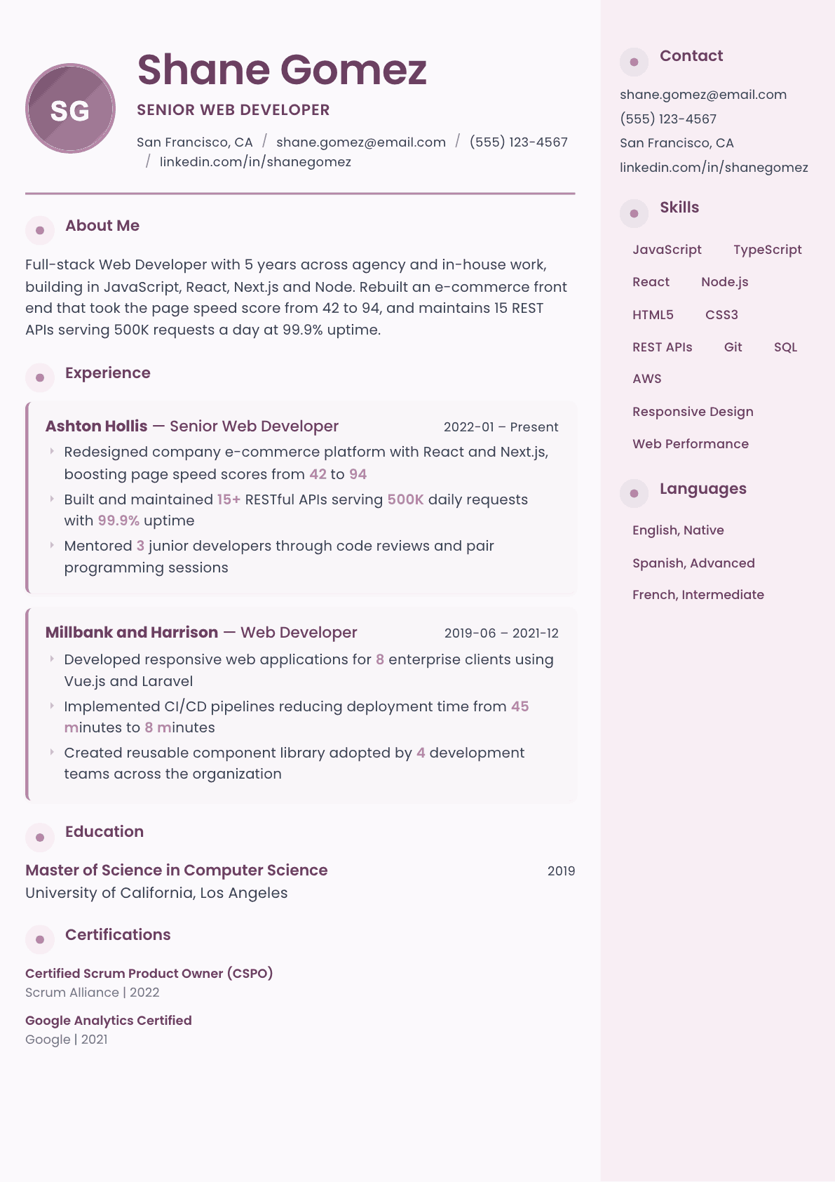 Web Developer resume example, Bloom template
