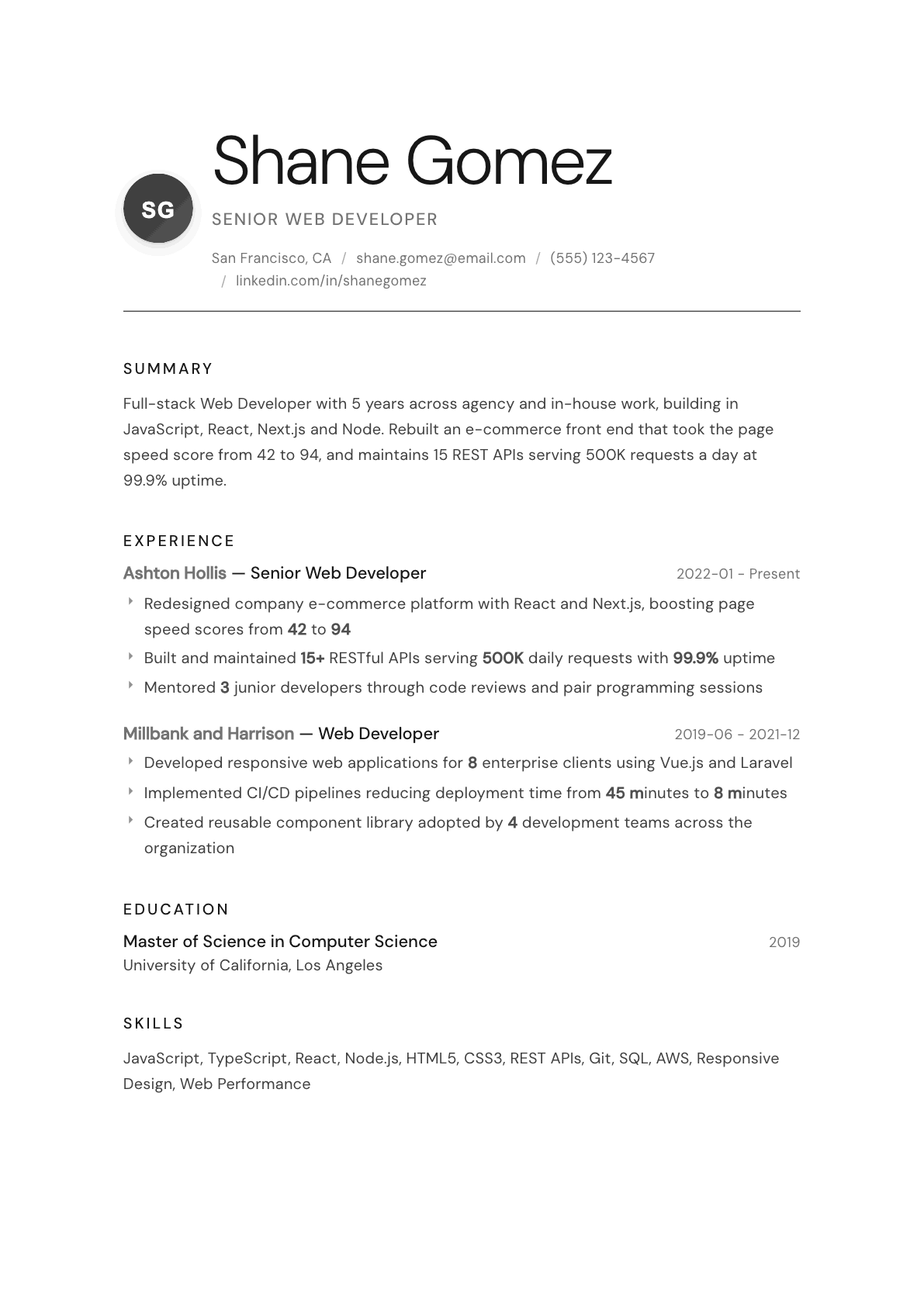 Web Developer resume example, Whisper template