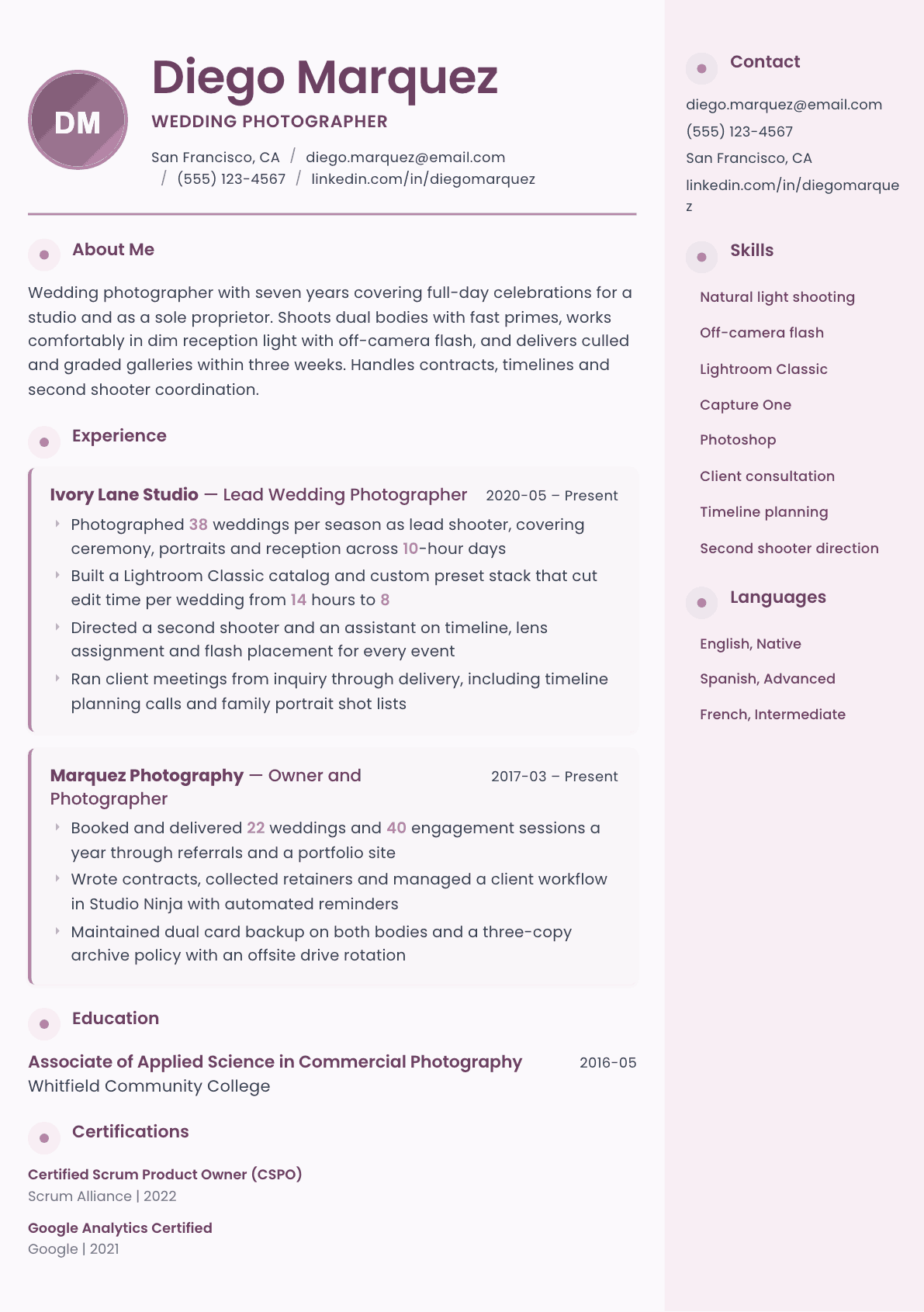 Wedding Photographer resume example, Bloom template