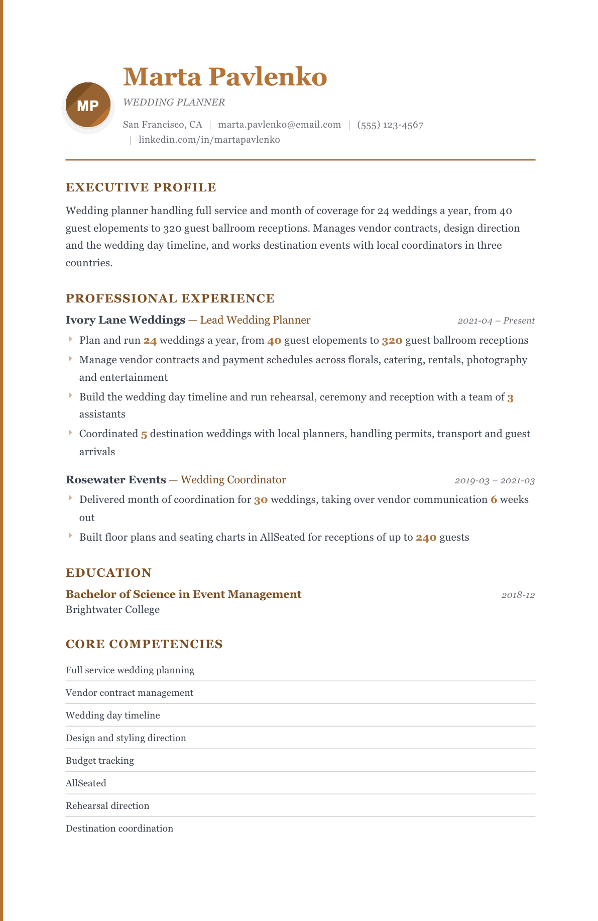Wedding Planner resume example, Regency template