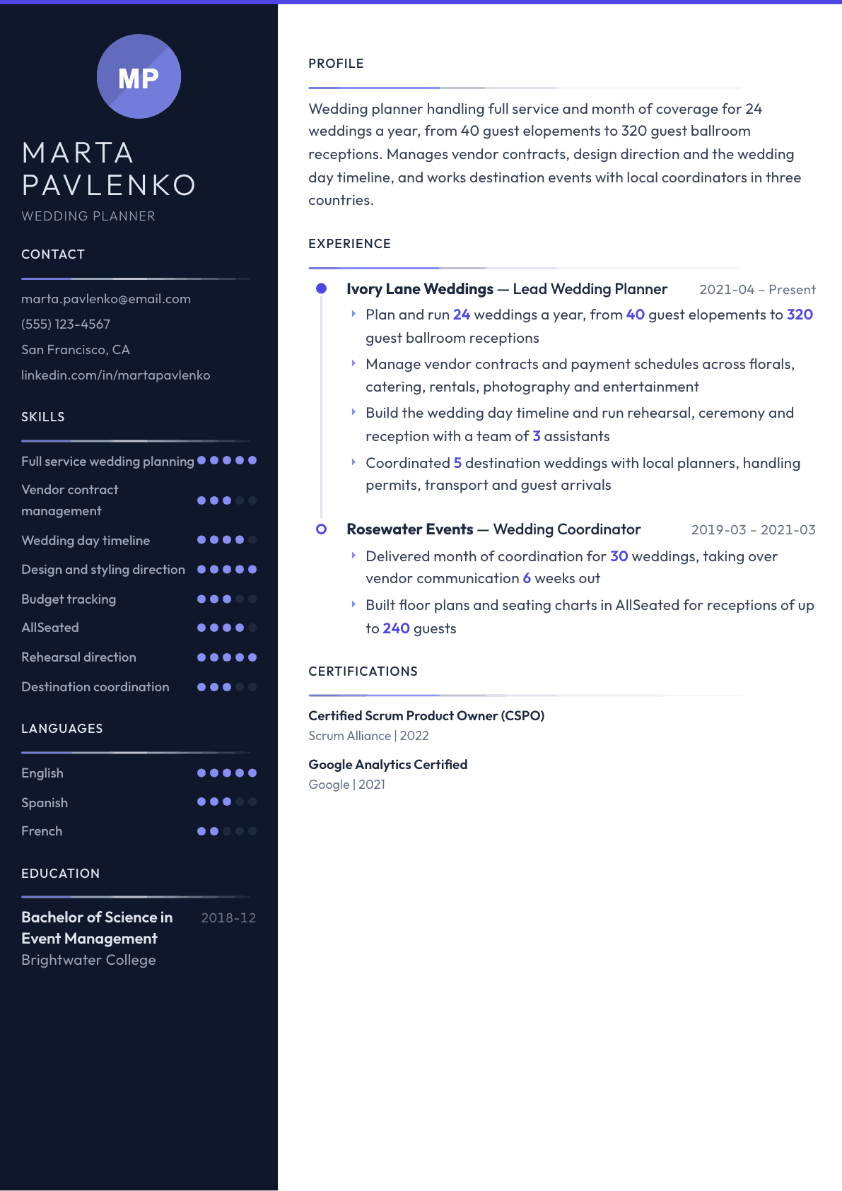 Wedding Planner resume example, Zenith template