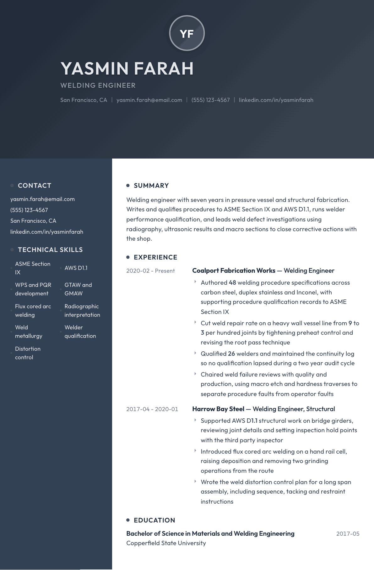Welding Engineer resume example, Binary template