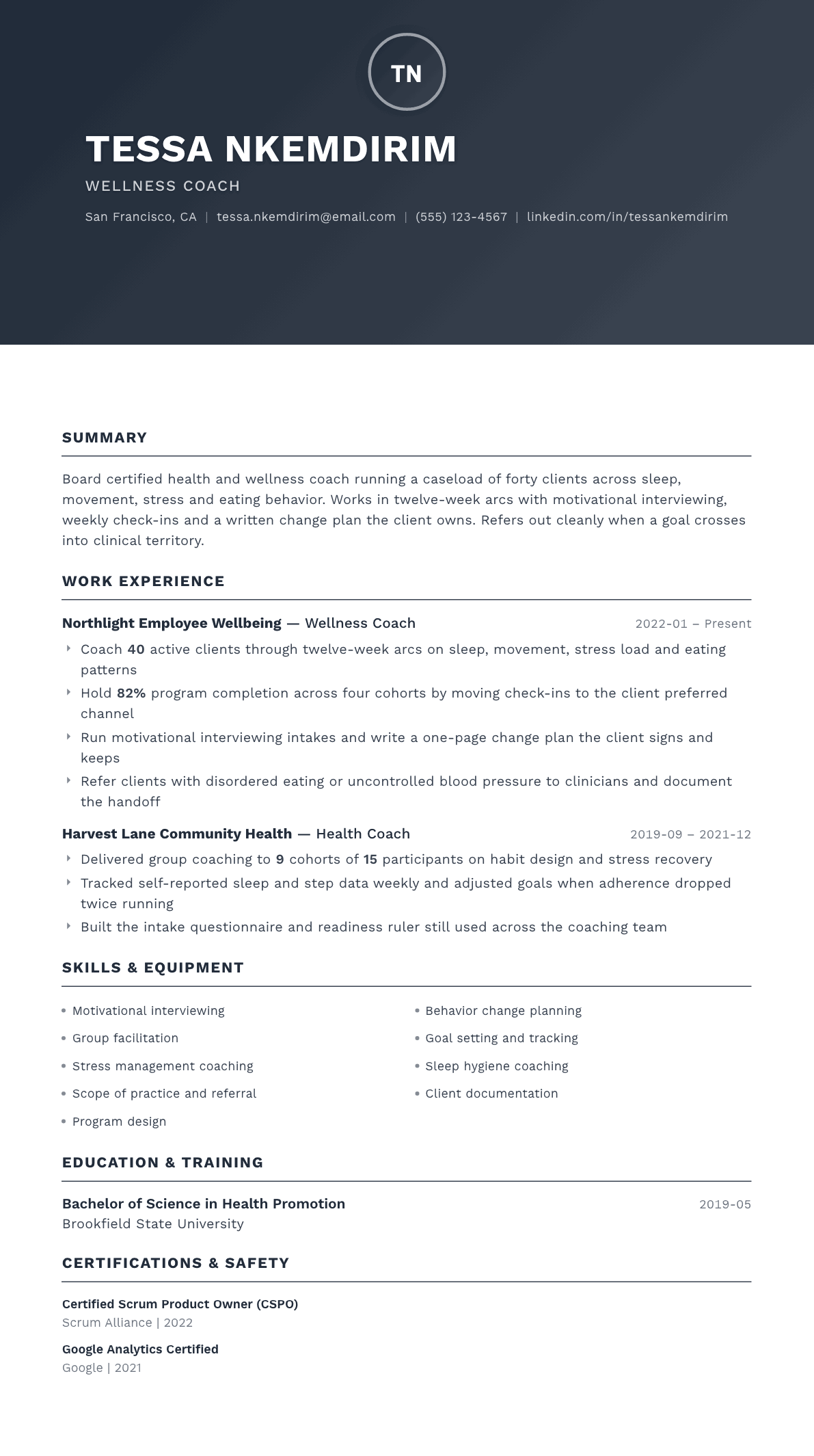 Wellness Coach resume example, Foundation template