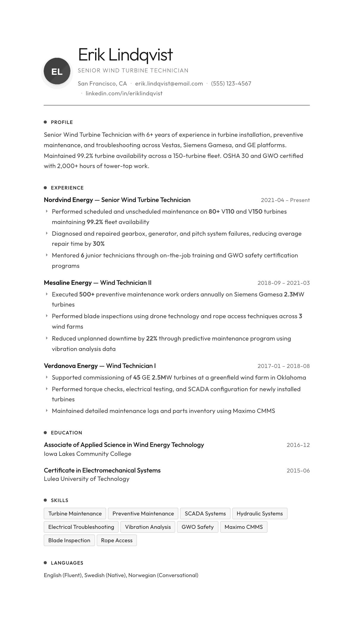 Wind Energy Technician resume example, Flux template