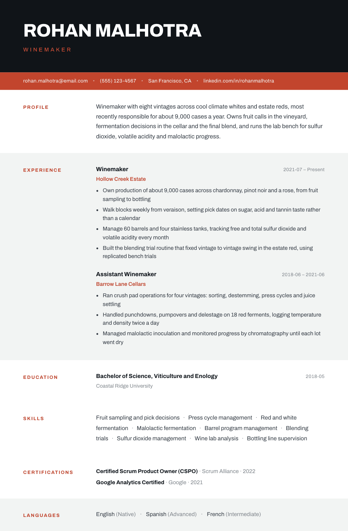 Winemaker resume example, Strata template