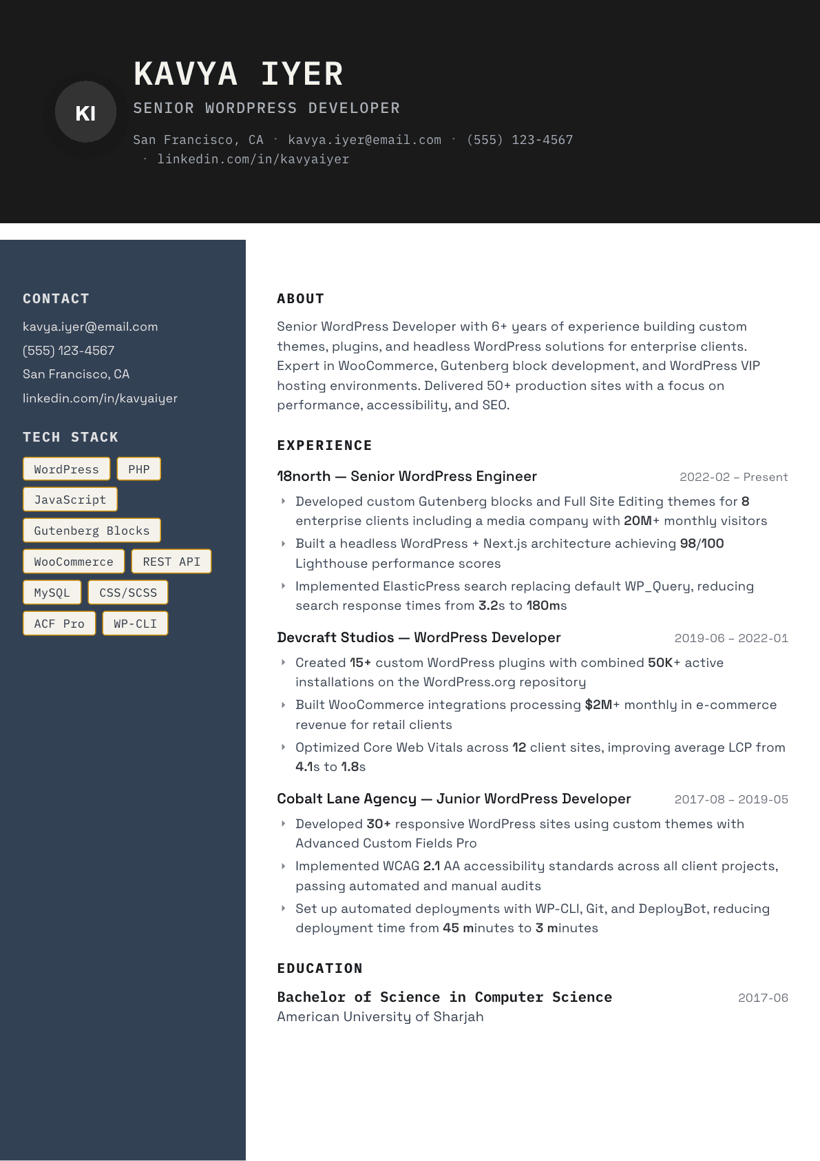 WordPress Developer resume example, Codebase template