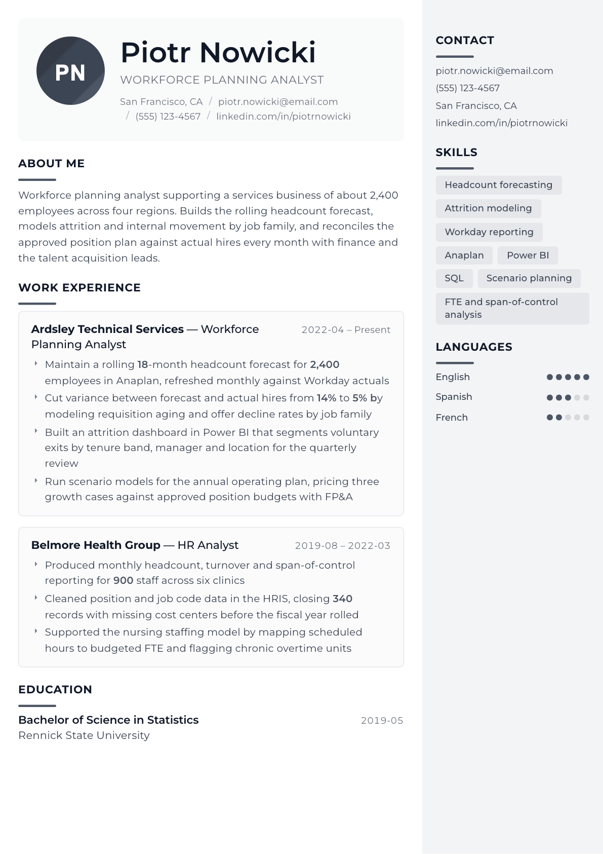 Workforce Planning Analyst resume example, Metropolitan template