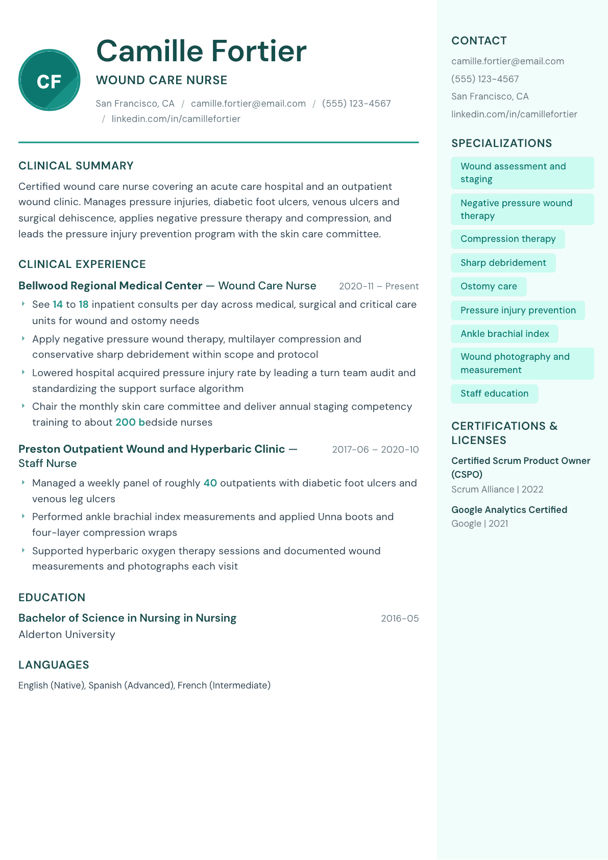 Wound Care Nurse resume example, Remedy template
