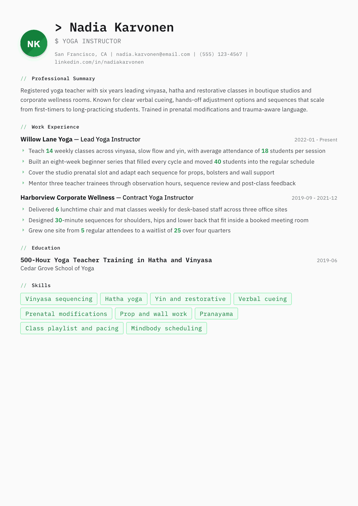 Yoga Instructor resume example, Amsterdam template