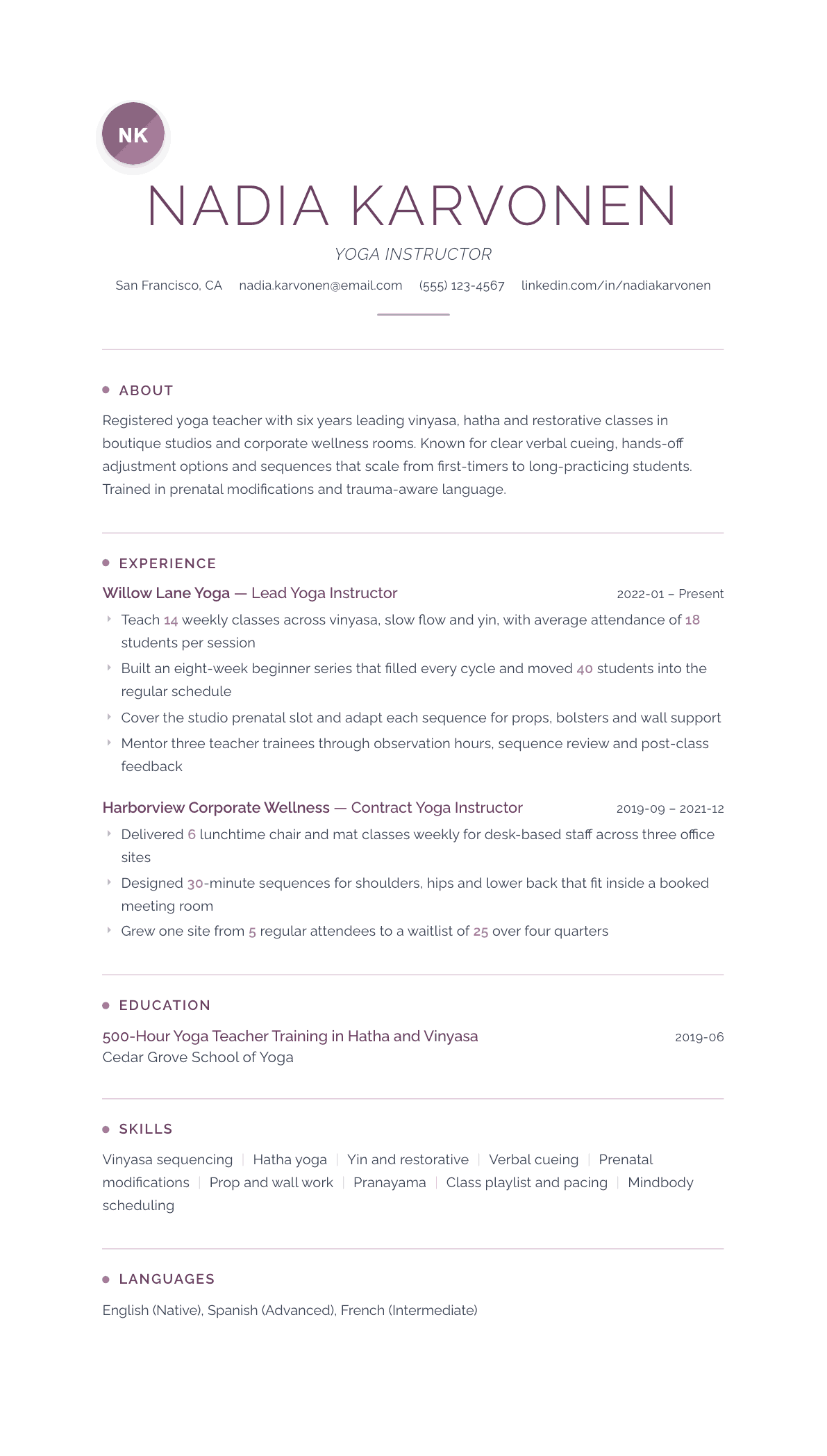 Yoga Instructor resume example, Serenity template