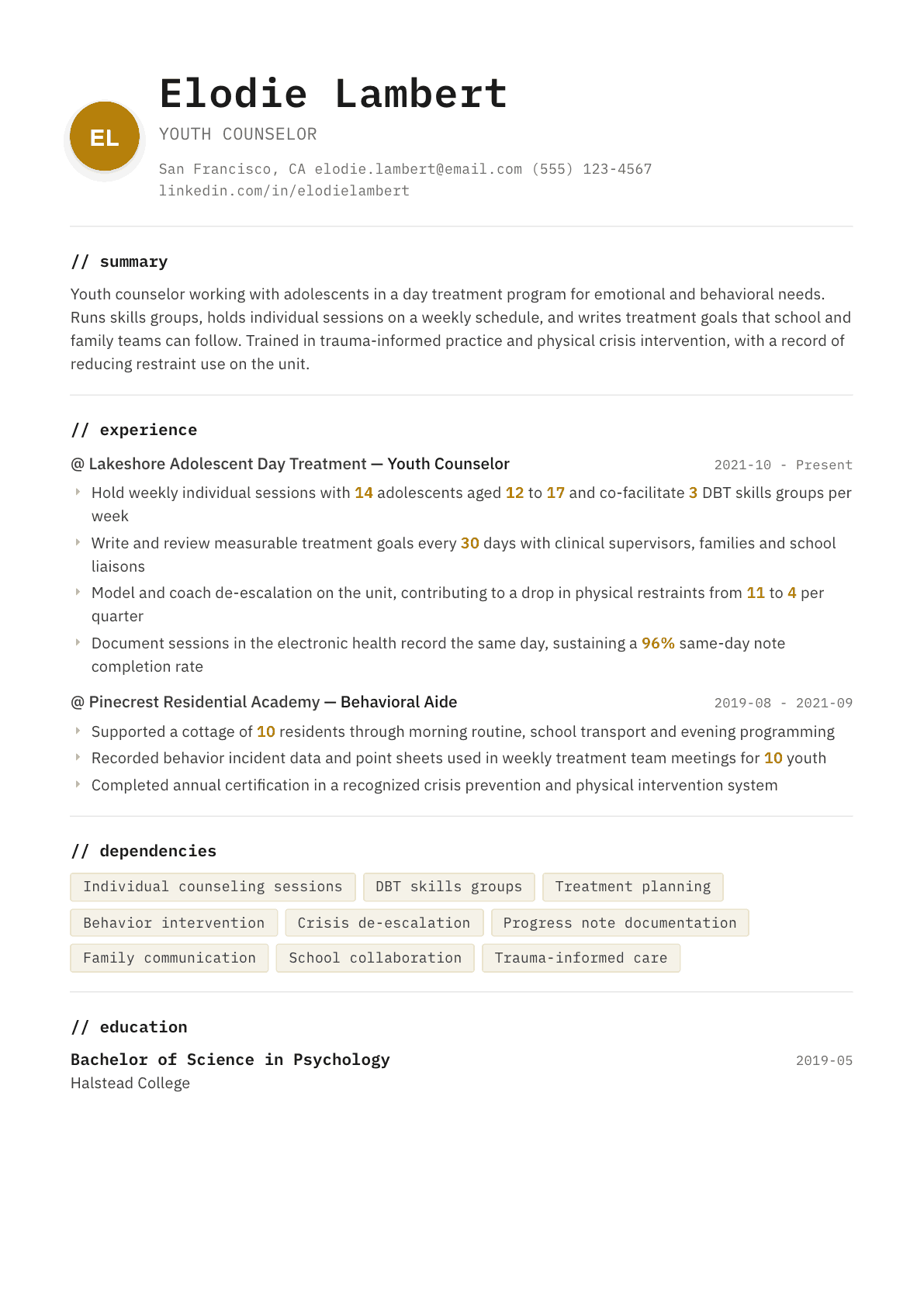 Youth Counselor resume example, Terminal template