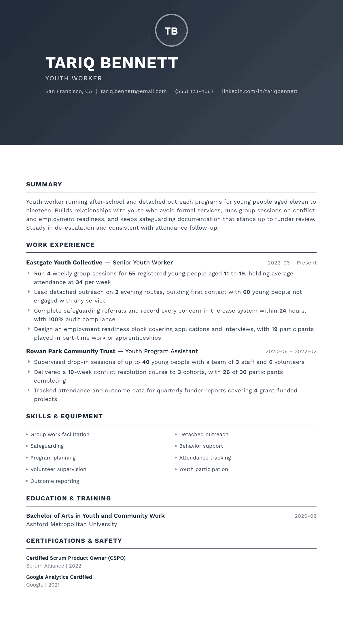 Youth Worker resume example, Foundation template