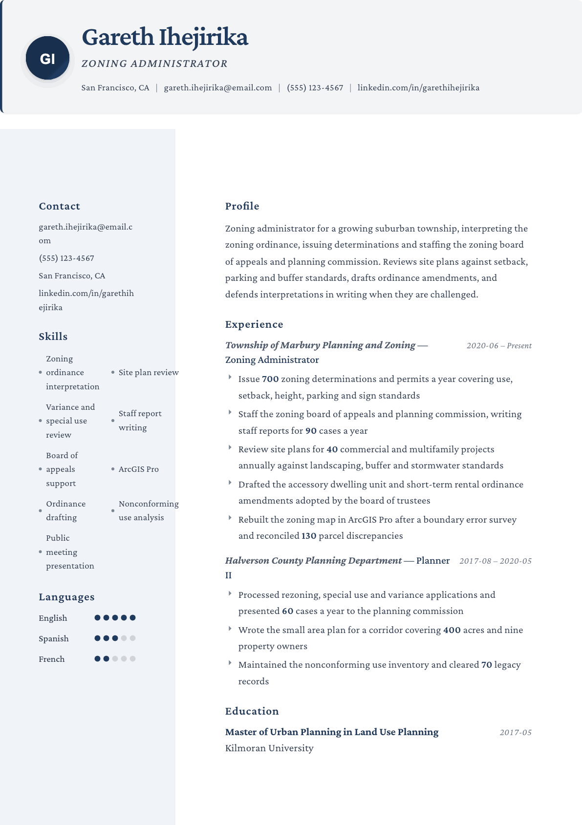 Zoning Administrator resume example, Formal template